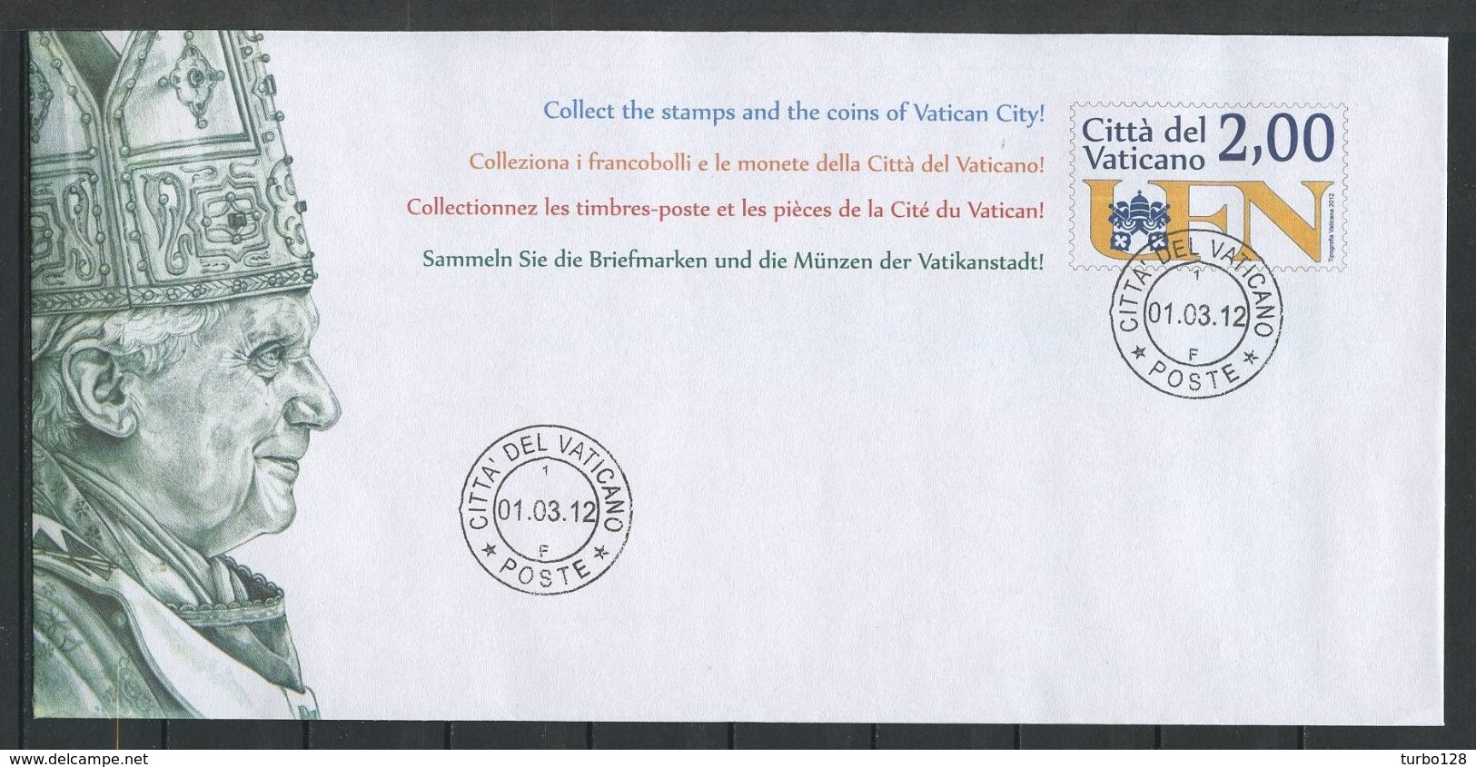 VATICAN 2012 N° Enveloppe Officielle UFN Oblitérée Superbe Collectionner Timbres Philatélique Numismatique Monnaies - Lettres & Documents