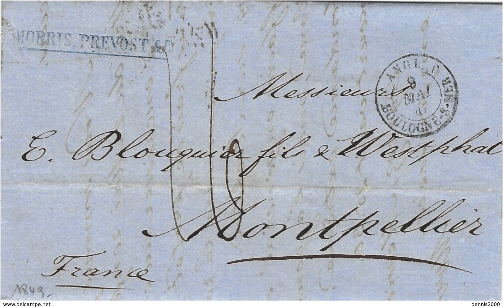 1849- Lettre De Londres Pour Montpellier -taxe 16 D.  Entrée ANGL.  BOULOGNE-S-MER 3  Noir - 1801-1848: Précurseurs XIX