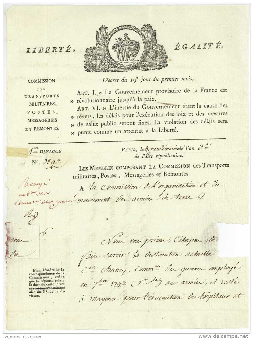 1794 Commission Des Transports Postes Et Messageries LS Lemercier Militaire Vignette Armee Mayence Franchise - 1701-1800: Precursors XVIII