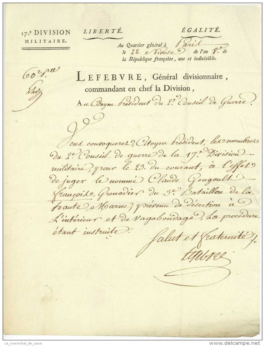 LEFEBVRE, Futur Marechal De Napoleon (1755-1820) Autographe Paris 1800 Franchise Rouffach - Bolli Militari (ante 1900)