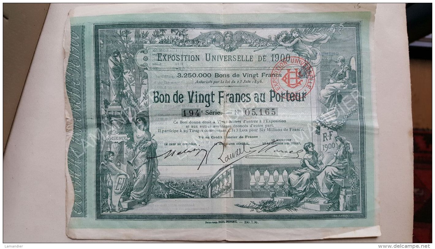 EXPOSITION UNIVERSELLE Bon De Vingt Francs Au Porteur 194e Série N° 05165 - Toerisme