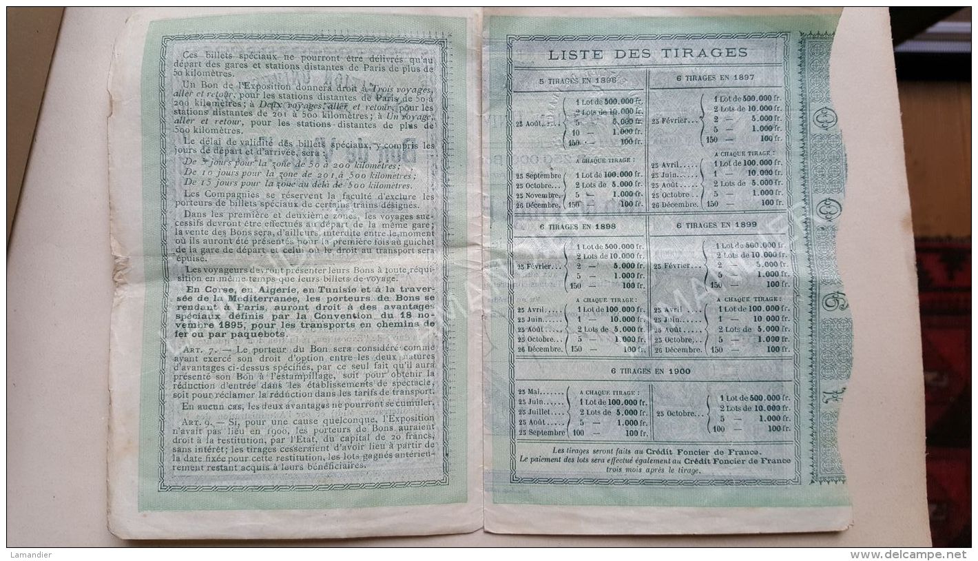 EXPOSITION UNIVERSELLE Bon De Vingt Francs Au Porteur 194e Série N° 05165 - Tourism