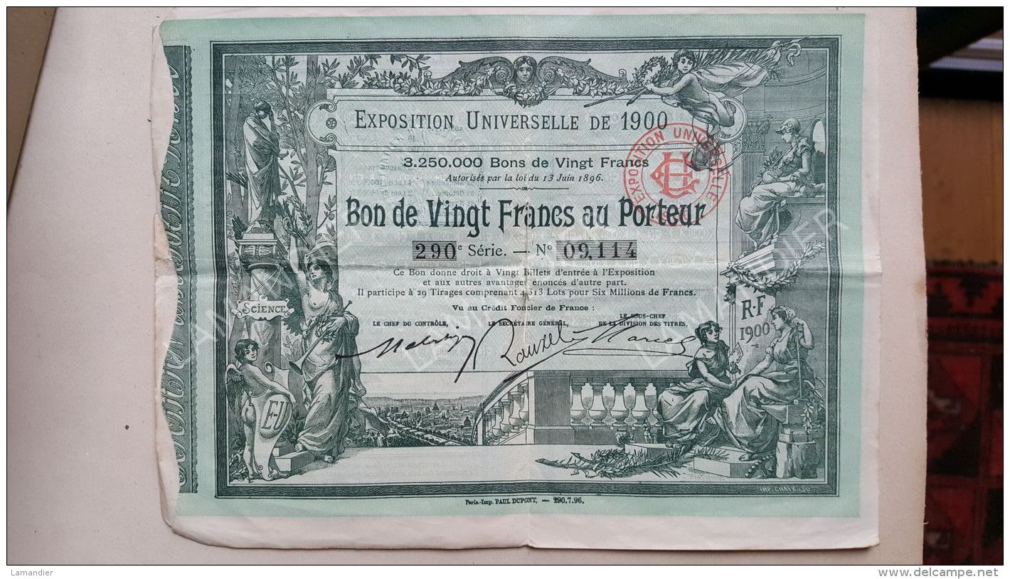 EXPOSITION UNIVERSELLE Bon De Vingt Francs Au Porteur 290e Série N° 09114 - Turismo