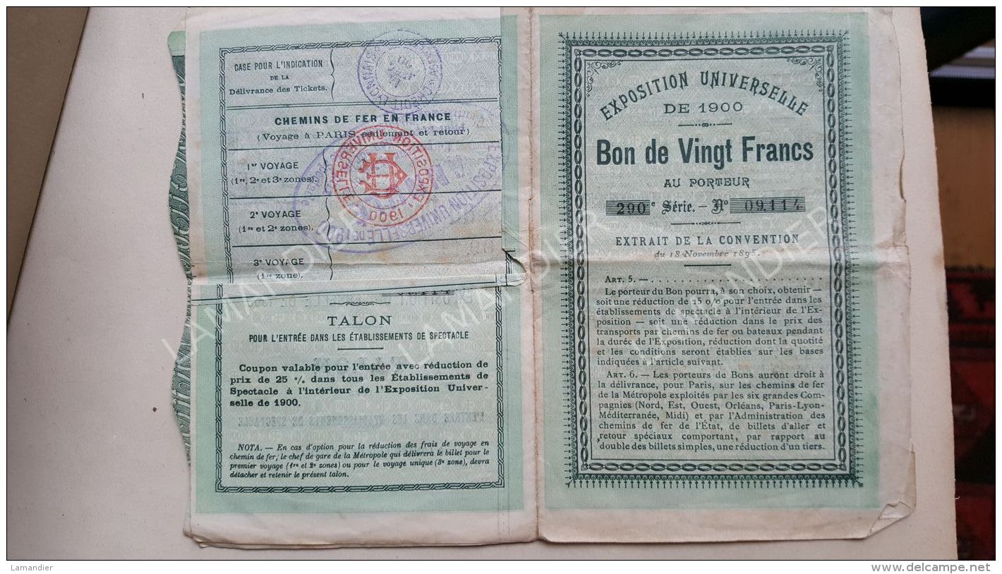 EXPOSITION UNIVERSELLE Bon De Vingt Francs Au Porteur 290e Série N° 09114 - Toerisme