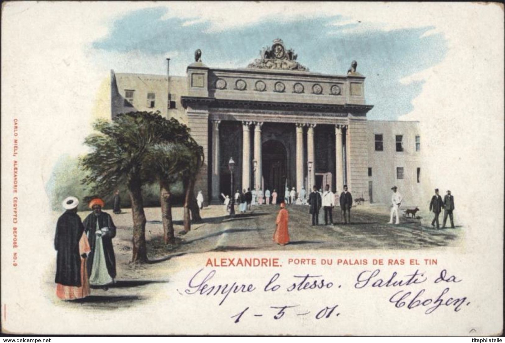 Sur CPA Alexandrie Porte Palais De Ras El Tin YT 39 Postes Egyptiennes CAD Alexandrie 2 VI 1901 Bilingue Pour Port Said - Oblitérés