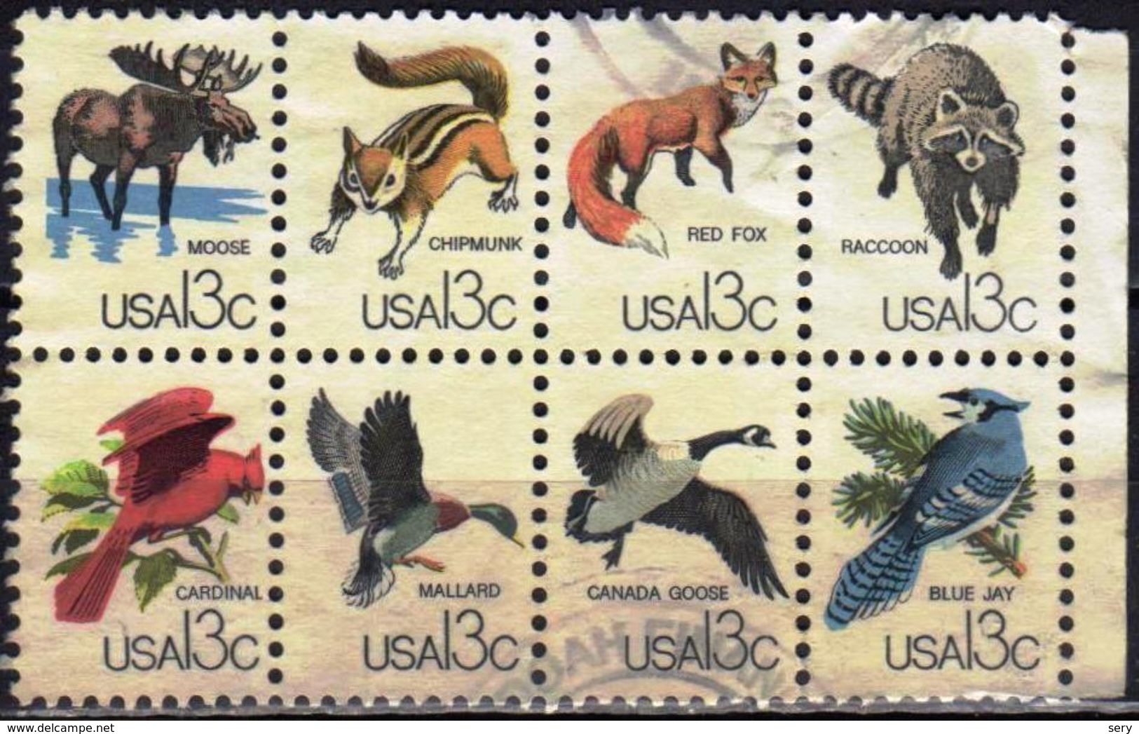 USA 1978  Block 8 V Used GOOSE BLUE JAY MOOSE CHIPMUNK RED FOX RACCOON Birds Bird - Autres & Non Classés