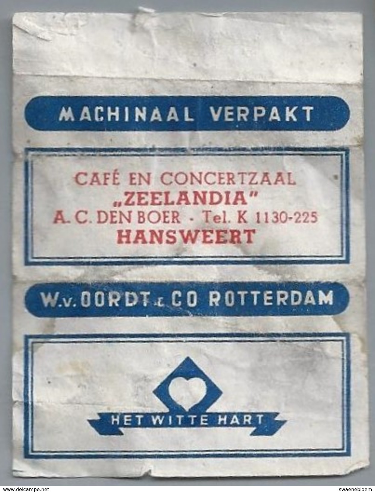 Suikerwikkel.- Embalage De Sucre. HANSWEERT. Café En Concertzaal - ZEELANDIA - A.C. Den Boer. Het Witte Hart. - Suiker