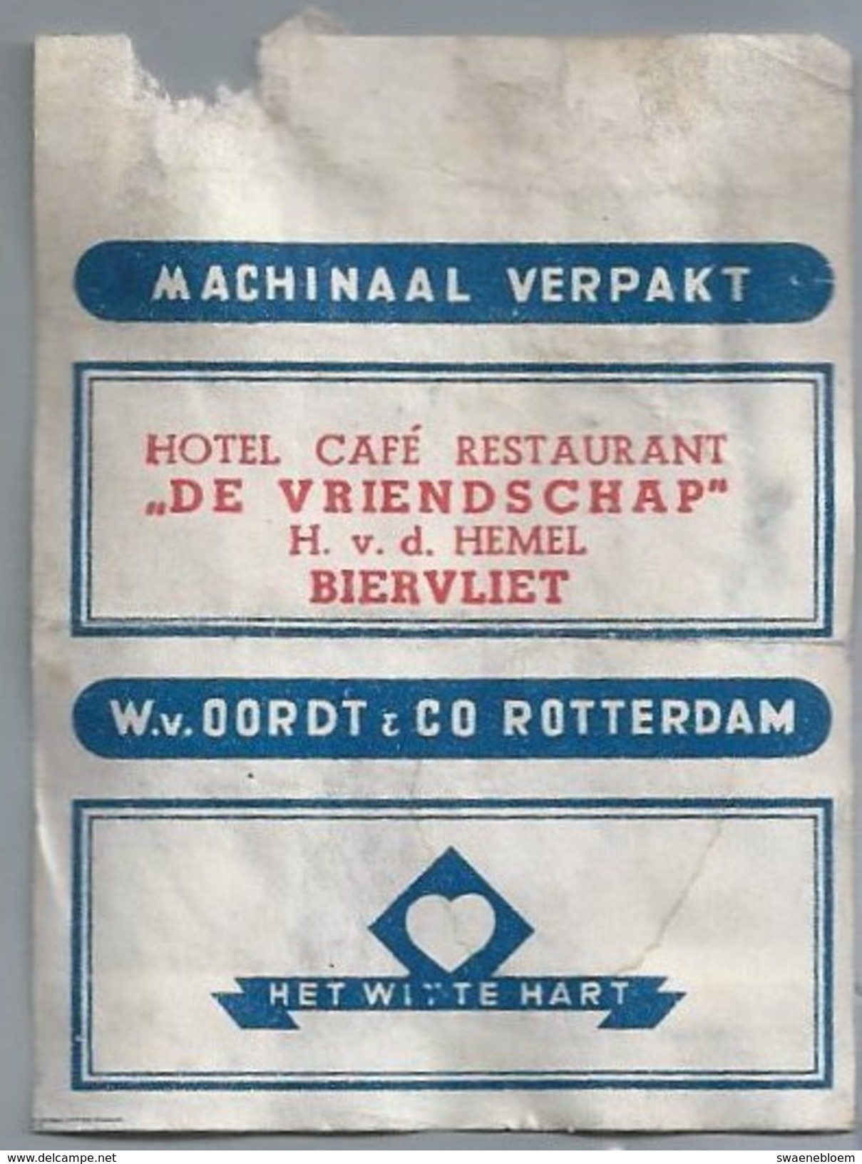Suikerwikkel.- Embalage De Sucre. BIERVLIET. Hotel Café Restaurant - DE VRIENDSCHAP - H. V.d. Hemel. Het Witte Hart. - Suiker