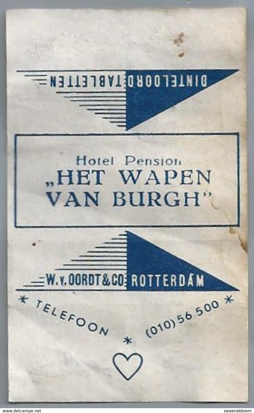 Suikerwikkel.- Embalage De Sucre. Hotel Pension.  - HET WAPEN VAN BURGH - - Suiker