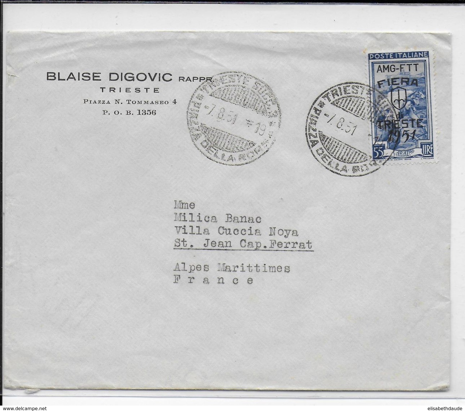 ITALIE (TRIESTE) - 1951 - ENVELOPPE COMMERCIALE Avec TIMBRE COMMEMORATIF De La FOIRE => ST JEAN CAP FERRAT (ALPES MAR.) - Storia Postale