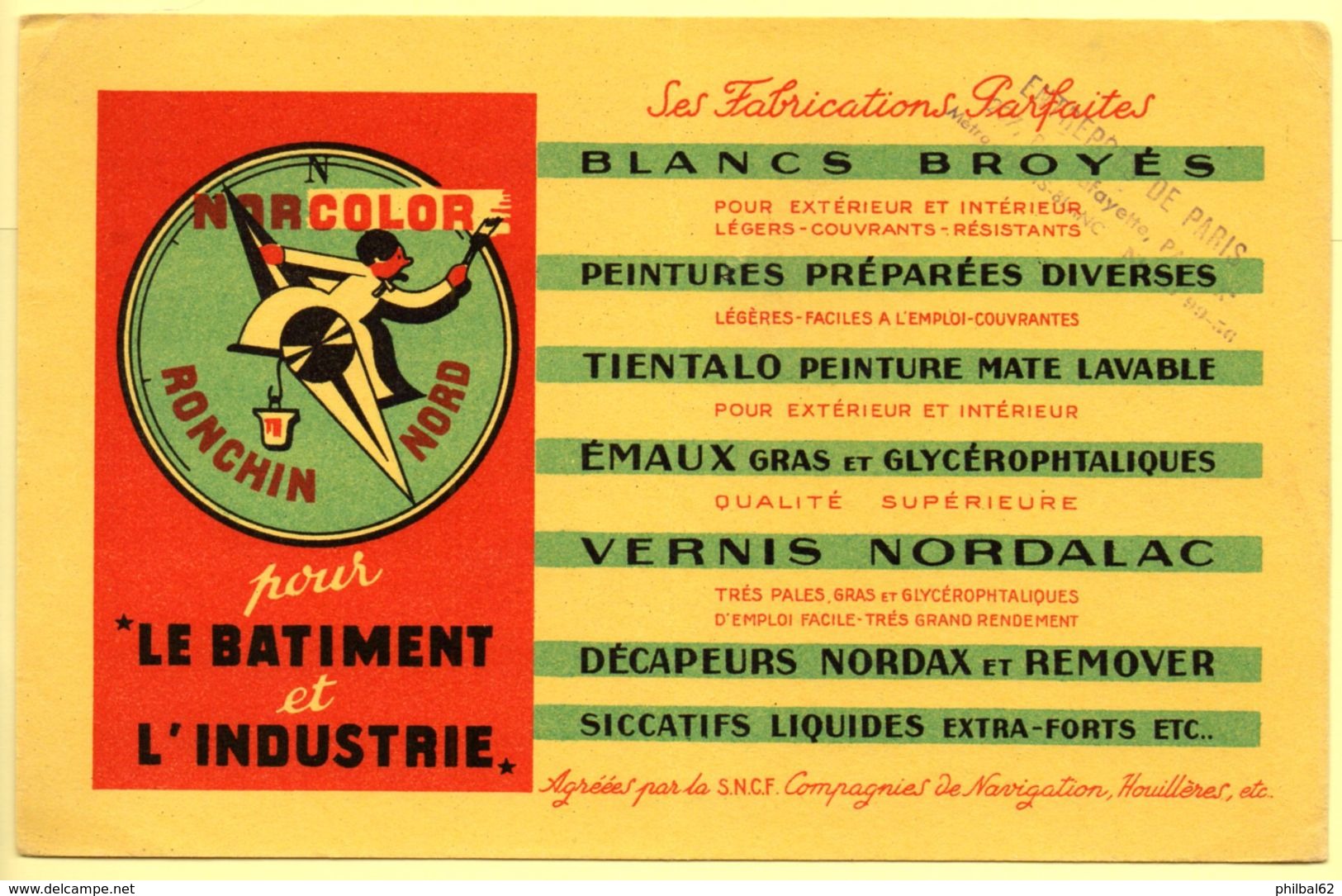 Buvard Norcolor, Peinture Et Vernis Pour L'industrie. Ronchin. Tampon Entrepots De Paris, Bd Lafayette. - Farben & Lacke