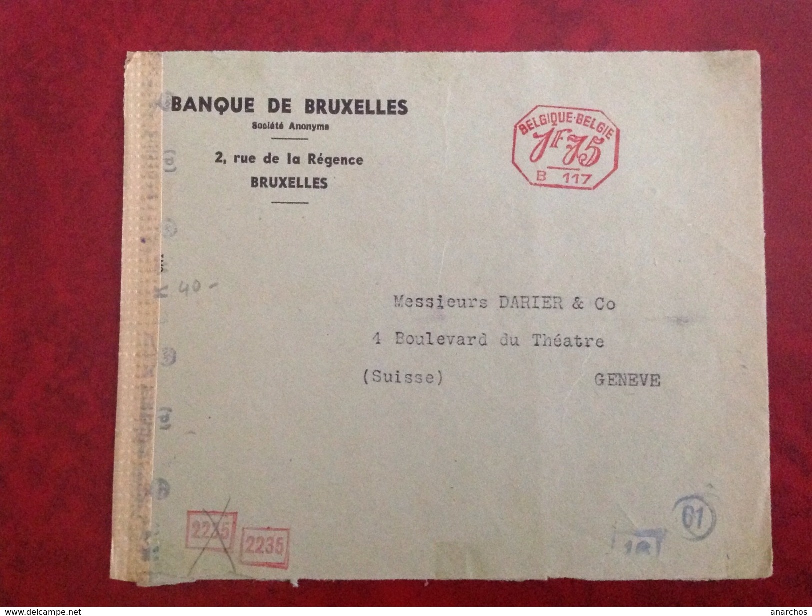 EMA  Banque De Bruxelles Pour Genève Censure Allemande  39 45 WWII - Other & Unclassified