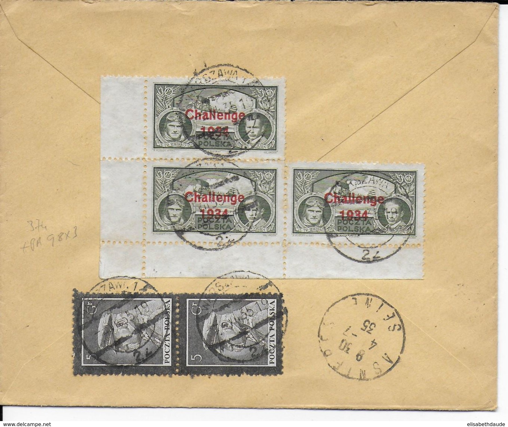 POLOGNE - 1935 - LETTRE RECOMMANDEE De VARSOVIE => ASNIERES (FRANCE) Avec TIMBRES CHALLENGE AVIATION - Covers & Documents