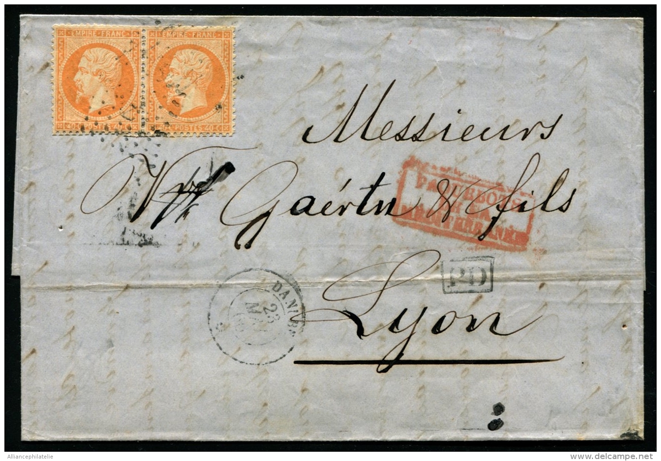 LETTRE - FRANCE N°23 En Paire Obl Ancre + Cachet De Bateau "DANUBE 23/MAI/66" Sur Pli Pour LYON - TB - 1862 Napoléon III