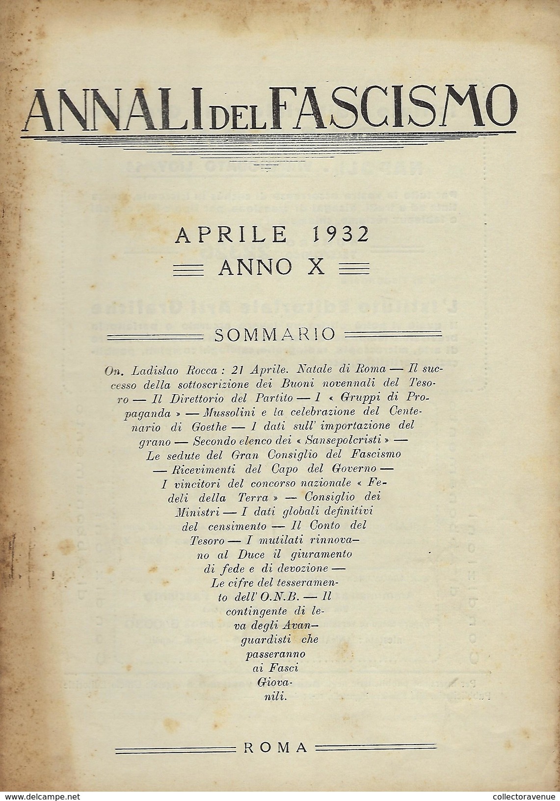 Annali Del Fascismo Aprile 1932 Ladislao Rocca Natale Di Roma - Non Classificati