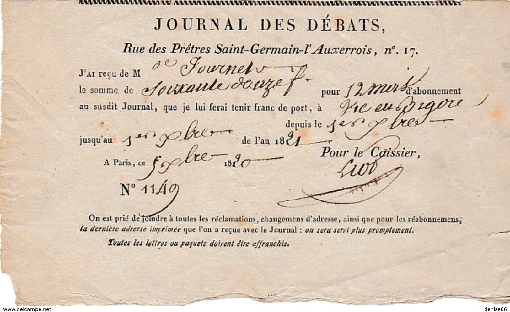 1820 - Abonnement Au "JOURNAL DES DEBATS" - PARIS Rue Des Prêtres Saint-Germain-l'Auxerrois - Documents Historiques