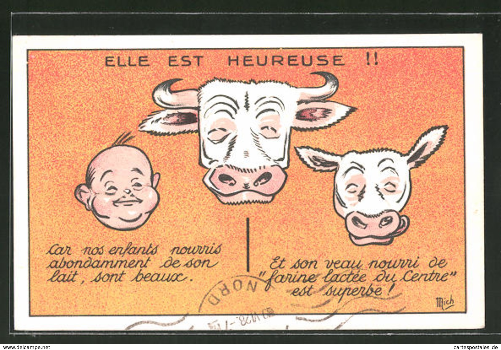 CPA Illustrateur Elle Est Heureuse!!, Grinsende Vaches Et Kleinkind - Werbepostkarten