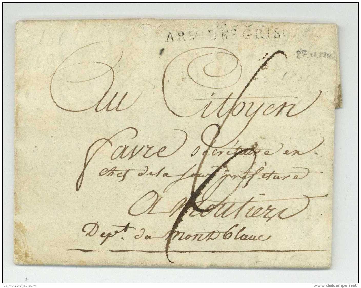 1800 Coire Chur Coira ARMEE DE GRISONS &ndash; FUZIER, Sous-lieutenant. Moutiers Montblanc TIROL - Army Postmarks (before 1900)