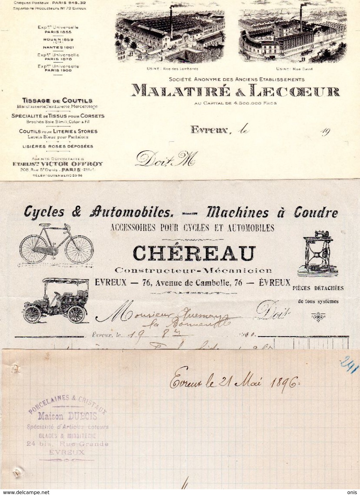 Evreux (27): 3 Papiers Cycles Automibiles CHEREAU ;Tissage MALATIRE Et LECOEUR; Porcelaine DUBOIS 1896. - 1900 – 1949