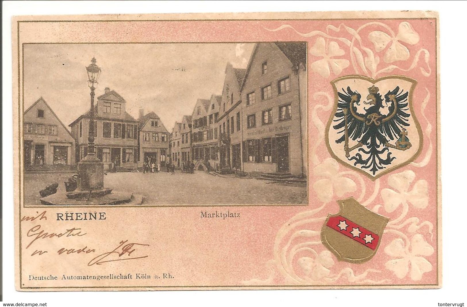 Rheine. Marktplatz. Wappen Prägedruck.Bahnpost-Grootrond ARNHEM-OLDENZAAL E - Rheine