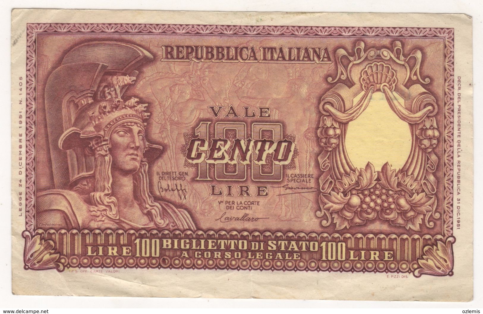 CENTO LIRE 100 LIRE DEC. 24 DIC. 1951 - 100 Liras