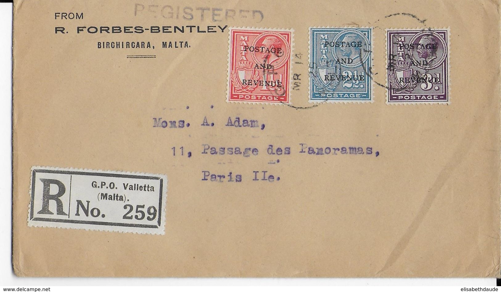 MALTA - 1929 - ENVELOPPE RECOMMANDEE De VALLETTA Avec VIGNETTE Au DOS => PARIS - Malte