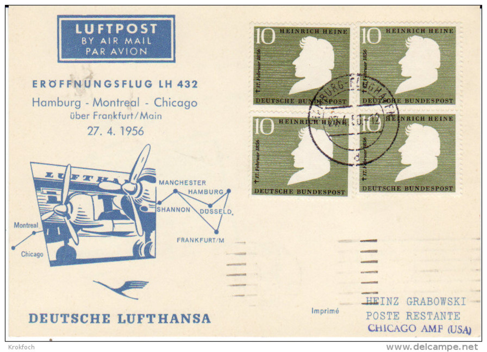 Hamburg Manchester Shannon Montreal Chicago - Lufthansa 1956 - 1er Vol Erstflug Inaugural Flight - Franking Machines (EMA)