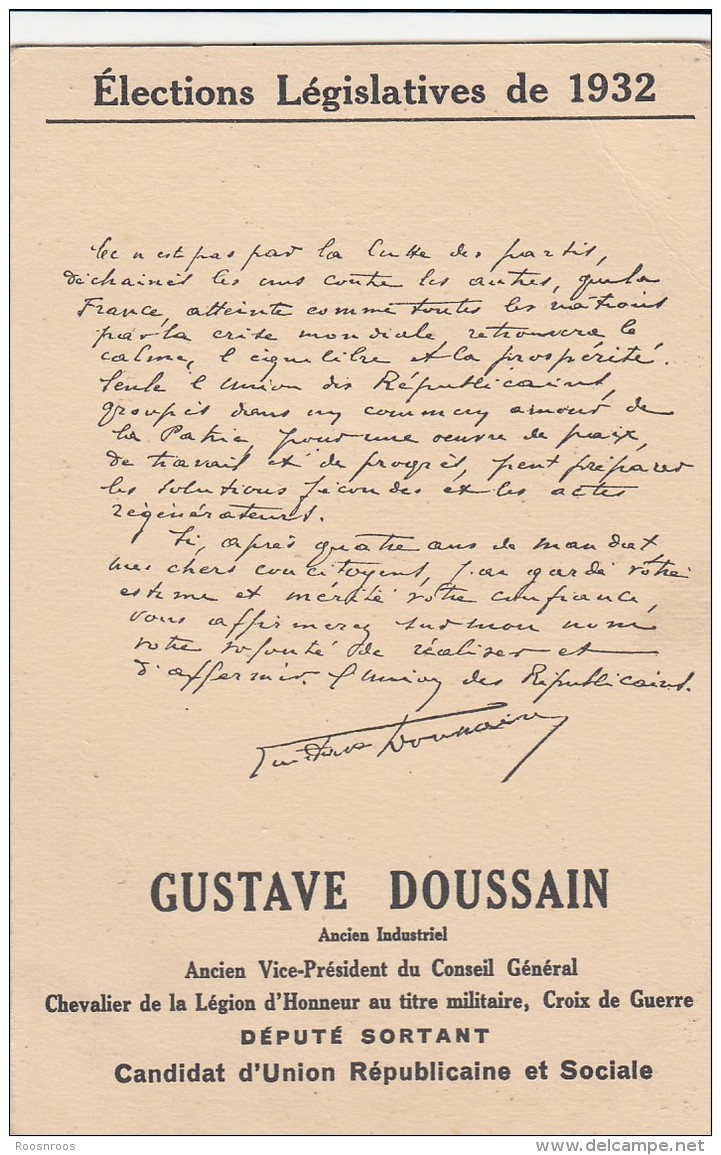 CP  GUSTAVE DOUSSAIN LEGISLATIVES 1932 URS - Partis Politiques & élections