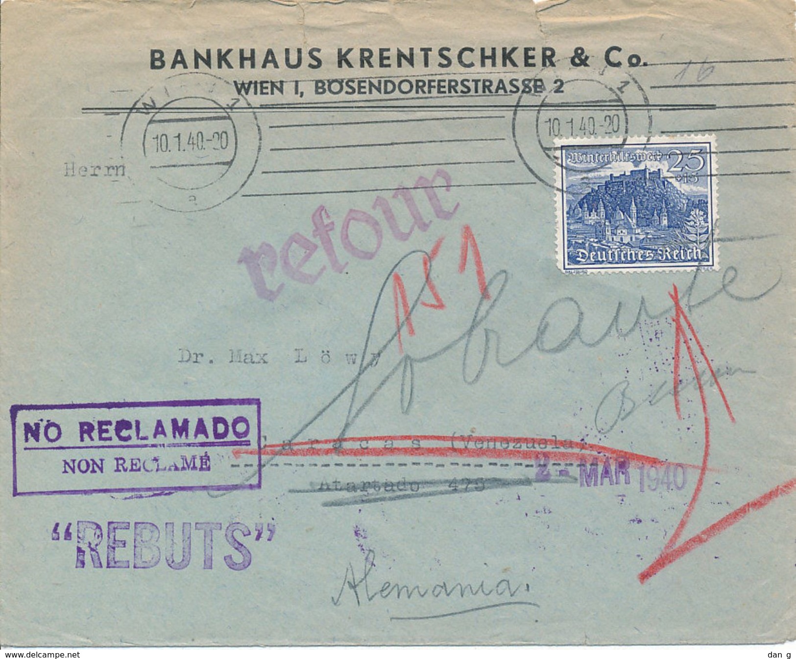 1940 Germany Reich Mi#737 EF Wien To Caracas Maracaibo Venezuela Censor Retour Rebut - Briefe U. Dokumente