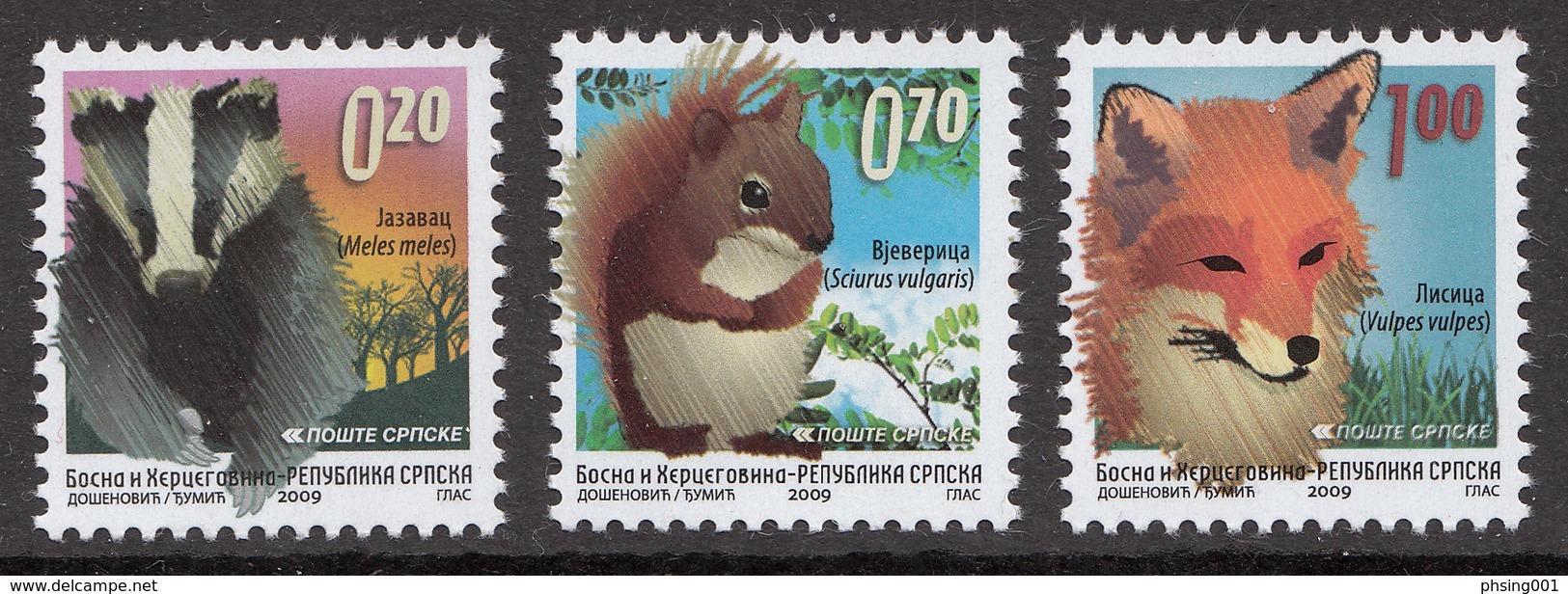 Bosnia Serbia 2009 Fauna, Badger, Squirrel, Fox, GLAS Printing Definitive Set MNH - Bosnië En Herzegovina