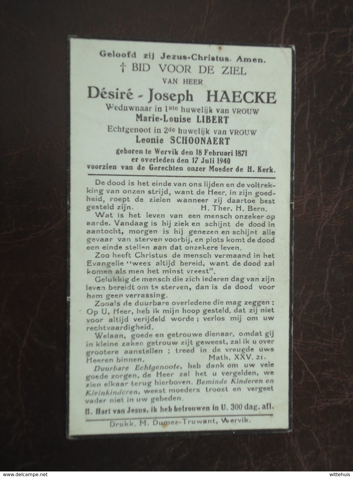 Désiré Haecke - Schoonaert Geboren Te Wervik 1871 Overleden   1940    (2scans) - Religione & Esoterismo