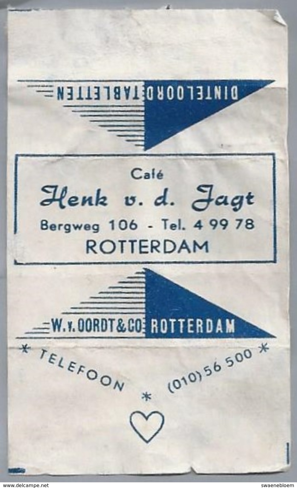 Suikerwikkel.- Embalage De Sucre. ROTTERDAM. Café Henk V.d. Jagt. Bergweg 106. - Suiker