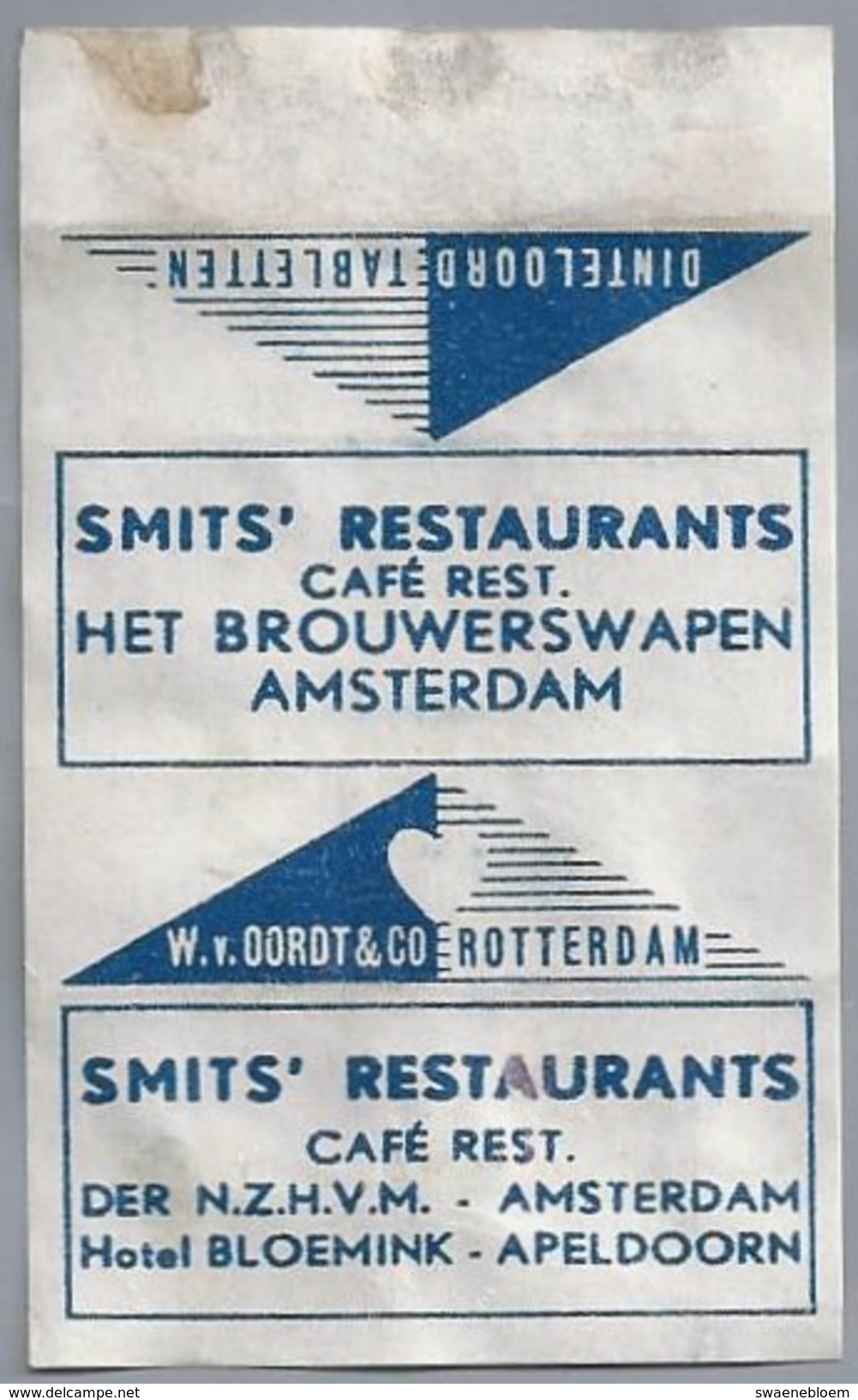 Suikerwikkel.- Embalage De Sucre. AMSTERDAM. SMIT'S RESTAURANTS - HET BROUWERSHAVEN -. Café Rest. Der N.Z.H.V.M. - Suiker