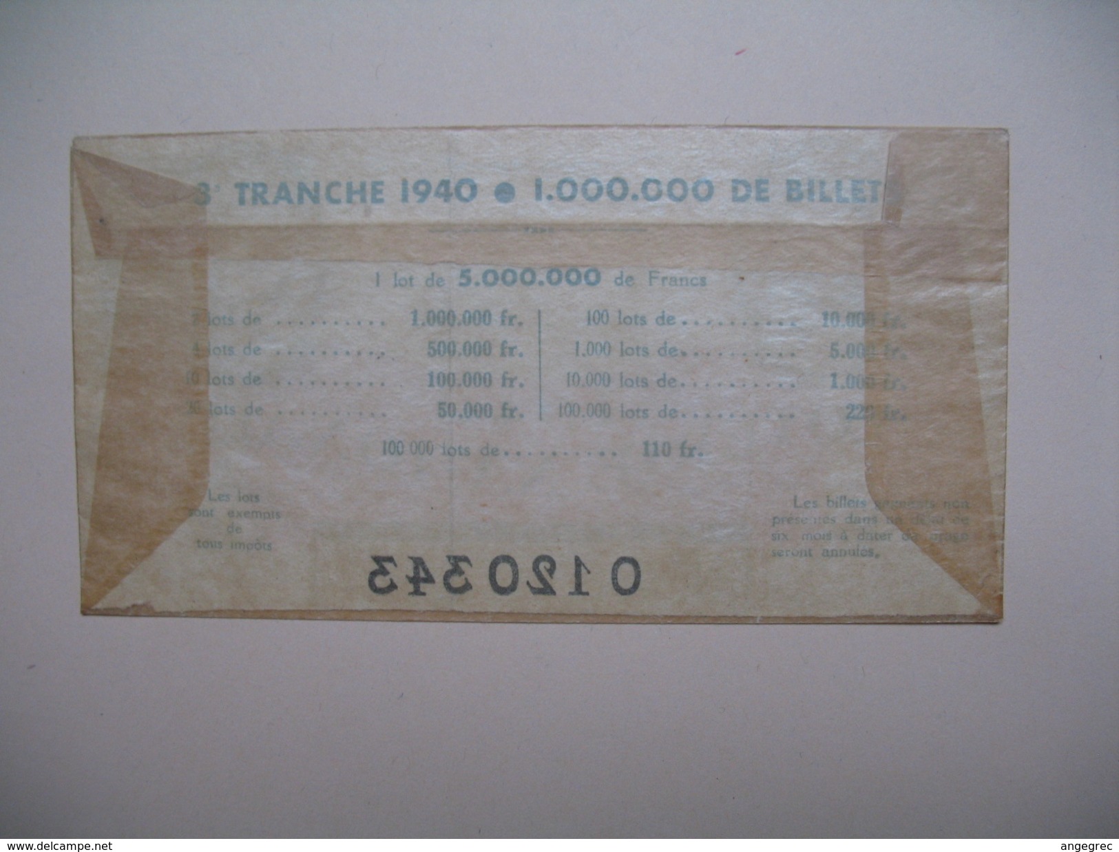 Billet De La Loterie Nationale  Année 1940  3 ème Tranche  TTB - Lottery Tickets