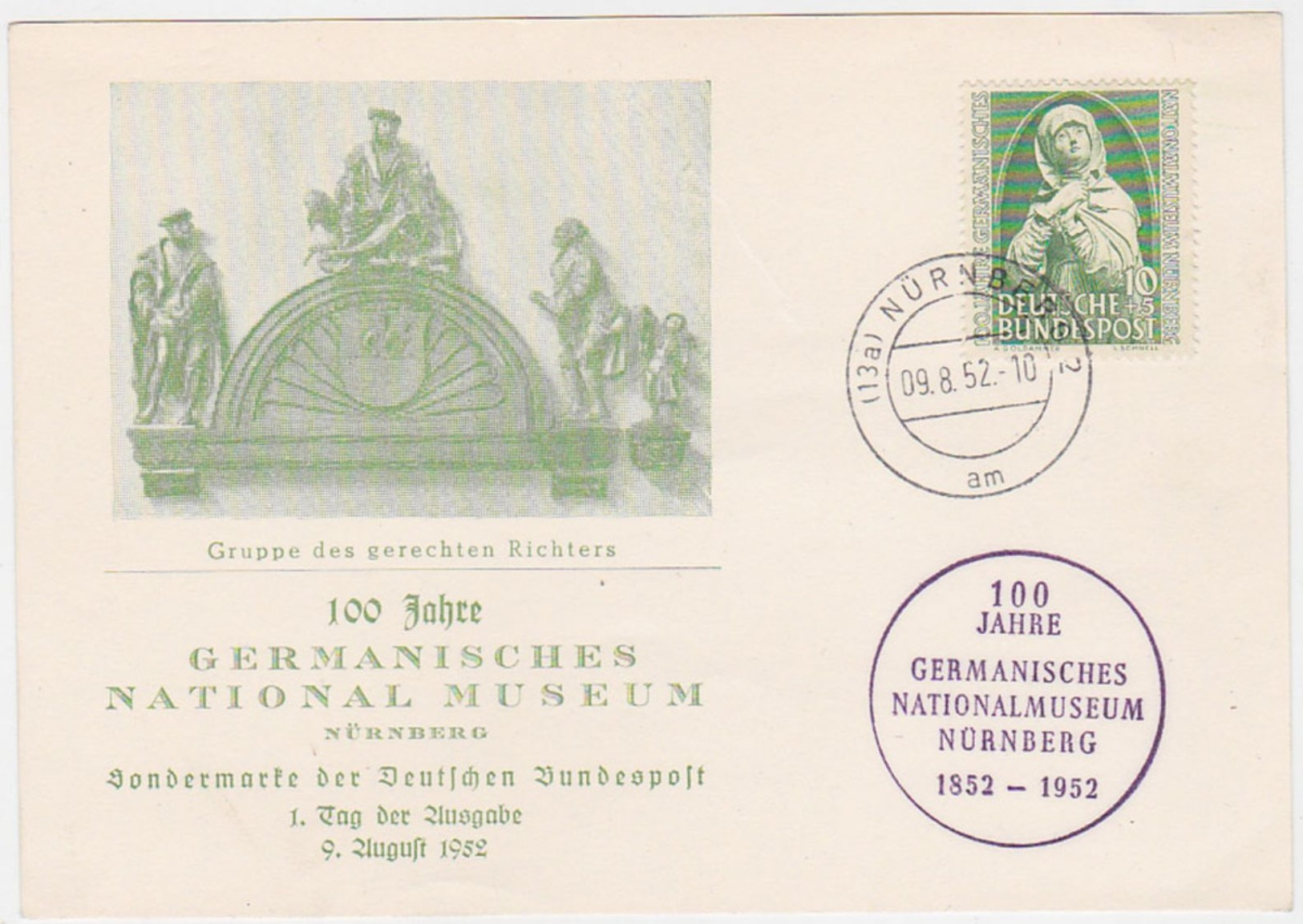 GERMANY 1952 (9.8.) ILLUSTR.FIRST DAY PC Mi 151 NÜRNBERG (Museum Jubilee) - Other & Unclassified