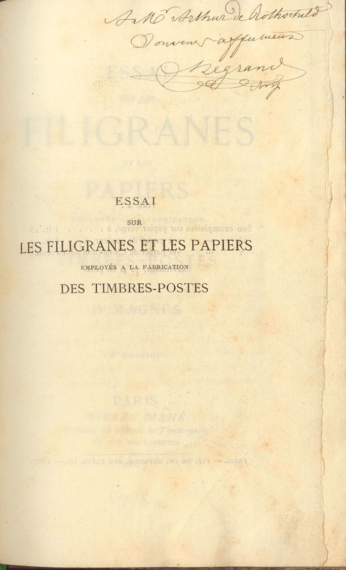 2003 Worldwide Bibliography. 1867. ESSAI SUR LES FILIGRANES ET LES PAPIERS EMPLOYES TO THE FABRICATION DES TIMBRES POSTE - Andere & Zonder Classificatie