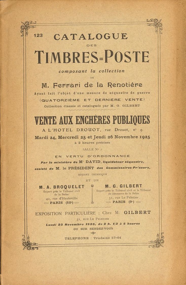 2038 Bibliografía Mundial. (1921ca). CATALOGUE DE TIMBRES POSTE, COMPOSANT LA COLLECTION DE M. FERRARI DE LA RENOTIERE.  - Sonstige & Ohne Zuordnung