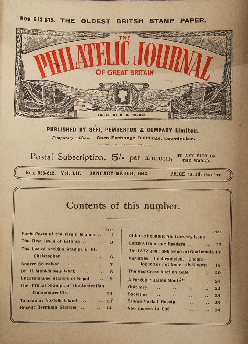 2053 Bibliografía Mundial. (1942ca). THE PHILATELIC JOURNAL OF GREAT BRITAIN. (set Of Sixty Magazines From 1942 To 1959, - Autres & Non Classés