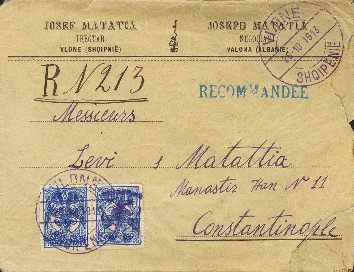 2099 Albania. 1913. COVER. Yv. 7c(2). 1 Pi Blue, Pair, One Stamp INVERTED OVERPRINT. Registered From VALONA (VLONE) To C - Albanië