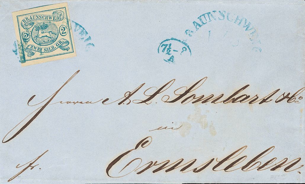 2100 Brunswick. 1862. COVER. Yv. 2. 2 S Blue. BRUNSWICK To ERMSLEBEN. Postmark BRAUNSCHWEIG, In Blue. VERY FINE AND RARE - Andere & Zonder Classificatie