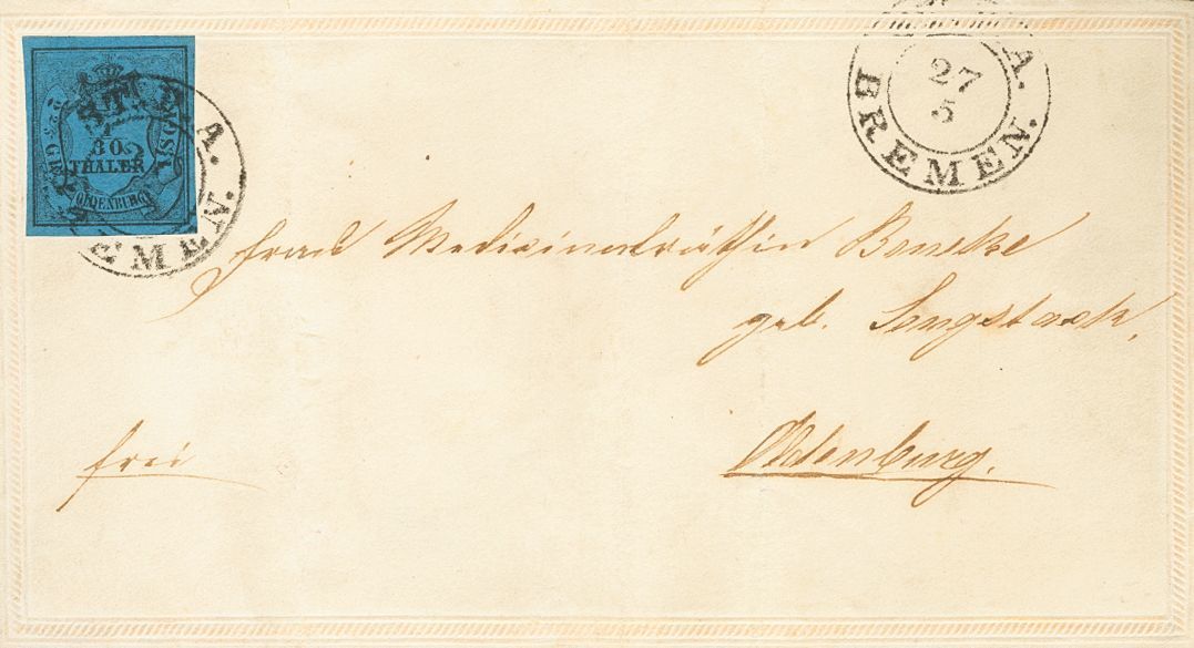 2102 Oldemburg. (1852ca). COVER. Yv. 2. 1/30 T Black On Blue (Type III). BREMEN To OLDBURG. Postmark ST.P.A. / BREMEN. V - Oldenburg