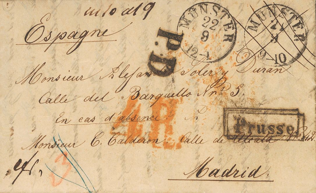 2105 Prussia. Prephilately. 1852. COVER. MUNSTER To MADRID. C.d.s. MUNSTER / 21/9, Canceled And Applied Again The Next D - Andere & Zonder Classificatie