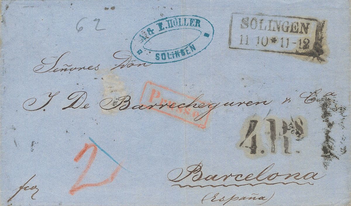 2106 Prussia. Prephilately. 1862. COVER. SOLINGEN To BARCELONA. Rectangular Datestamp SOLINGEN / 11 10 * 11-12, Postmark - Andere & Zonder Classificatie