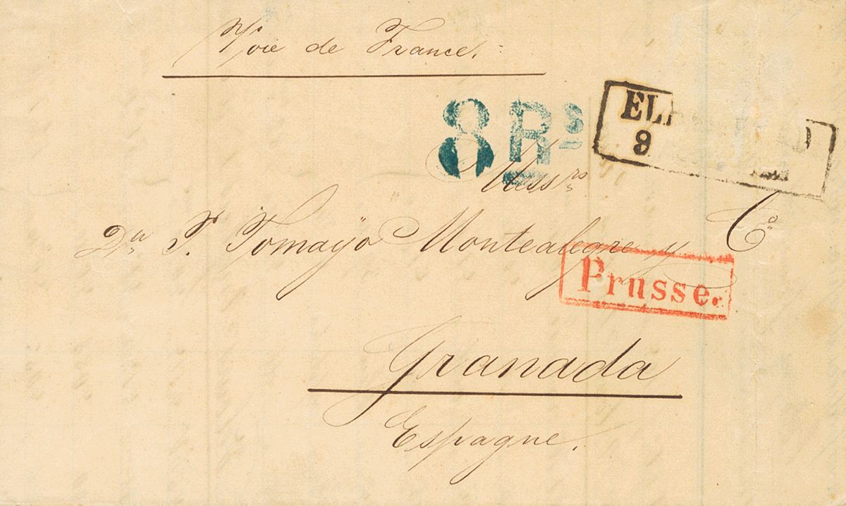 2107 Prussia. Prephilately. 1862. COVER. ELBERFELD To GRANADA. Rectangular Datestamp ELBERFELD, Postmark PRUSSE, In Red  - Autres & Non Classés