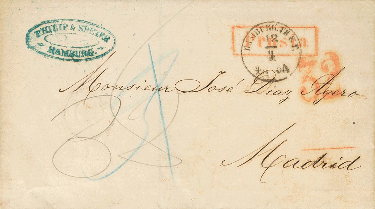 2108 Prussia. Prephilately. 1864. COVER. HAMBURG To MADRID. C.d.s. HAMBURG TH ST, Postmark PRUSIA In Red Applied In La J - Andere & Zonder Classificatie