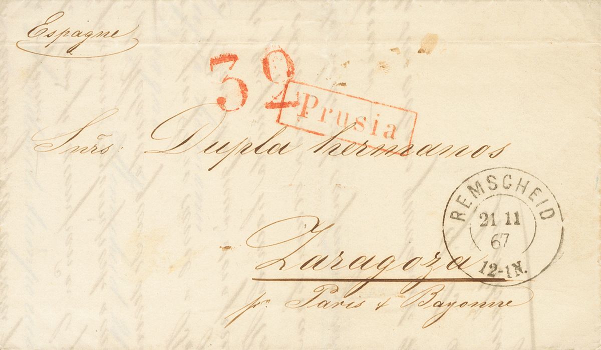 2109 Prussia. 1867. COVER. REMSCHEID To ZARAGOZA. C.d.s. REMSCHEID / 12-1N, Postmark PRUSIA, In Red Applied In La Junque - Andere & Zonder Classificatie