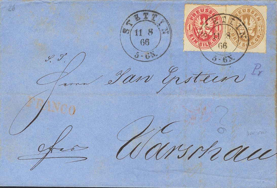 2110 Prussia. 1866. COVER. Yv. 17, 20. 1 S Pink And 3 S Yellow Chestnut. STETTIN (PRUSSIA) To WARSAW (POLAND). C.d.s. ST - Andere & Zonder Classificatie