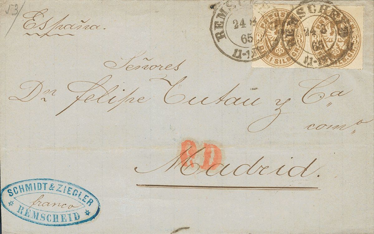 2111 Prussia. 1865. COVER. Yv. 20(2). 3 S Bistre, Pair. REMSCHEID To MADRID. C.d.s. REMSCHEID / 11-12 N. VERY FINE. - Other & Unclassified