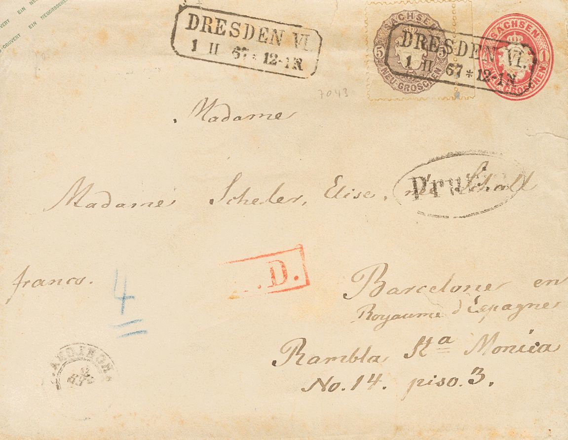 2113 Prussia. Postal Stationery. 1867. COVER. Yv. 18. 1 G Carmine On Postal Stationery From DRESDE To BARCELONA, With Co - Autres & Non Classés