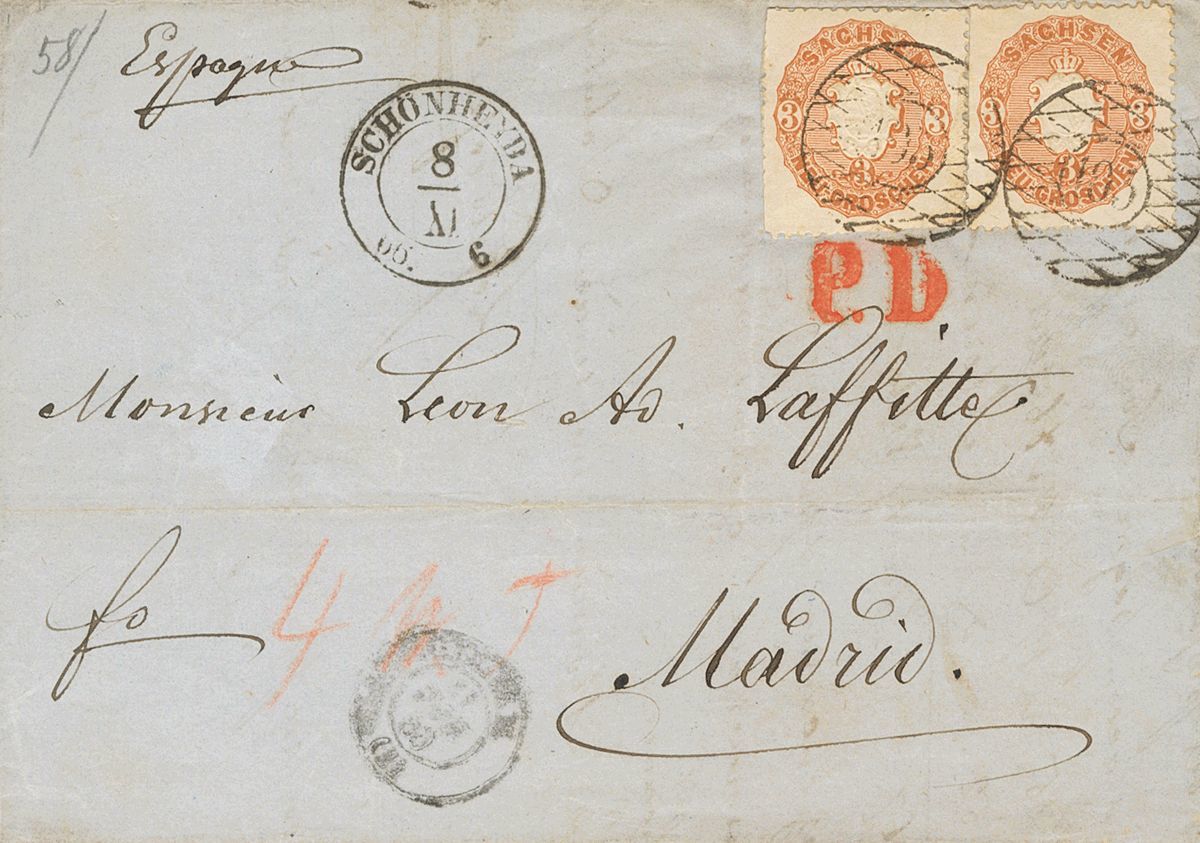 2115 Saxony. 1866. COVER. Yv. 17(2). 3 N Red Chestnut, Two Stamps. SCHONHEYDA To MADRID. Postmark Numeral "103" And On T - Saxony